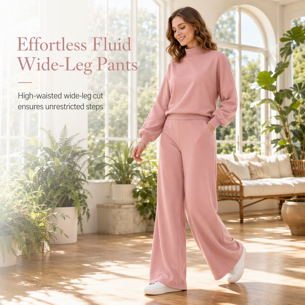 💖Black Friday Mega Deal – 50% off!💕 Cozy Chic Knit Lounge Set ✨ Women's Mock Neck Top & Wide-Leg Pants Set