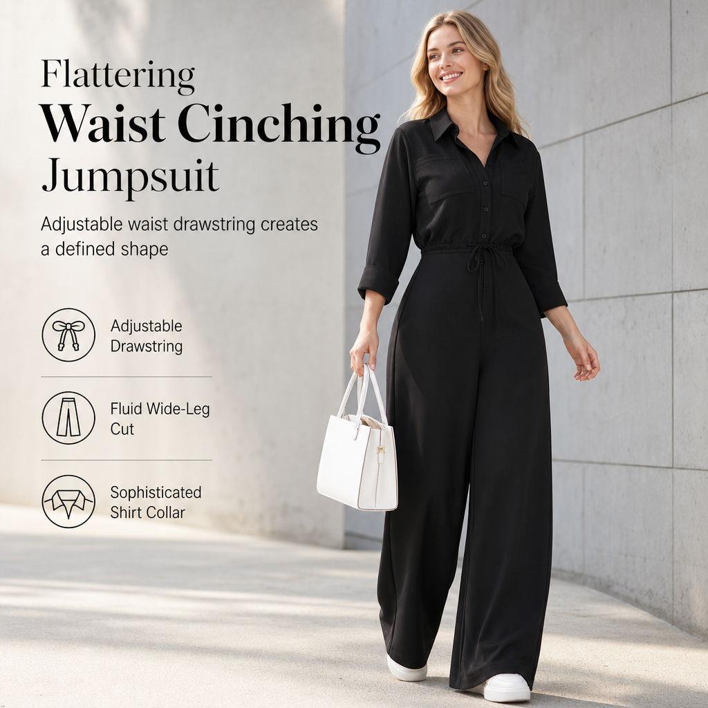 🖤Black Friday Sale:50% OFF🖤 😎Women's Solid Color Lapel Collar Shirt Style Jumpsuit with Waist Tie