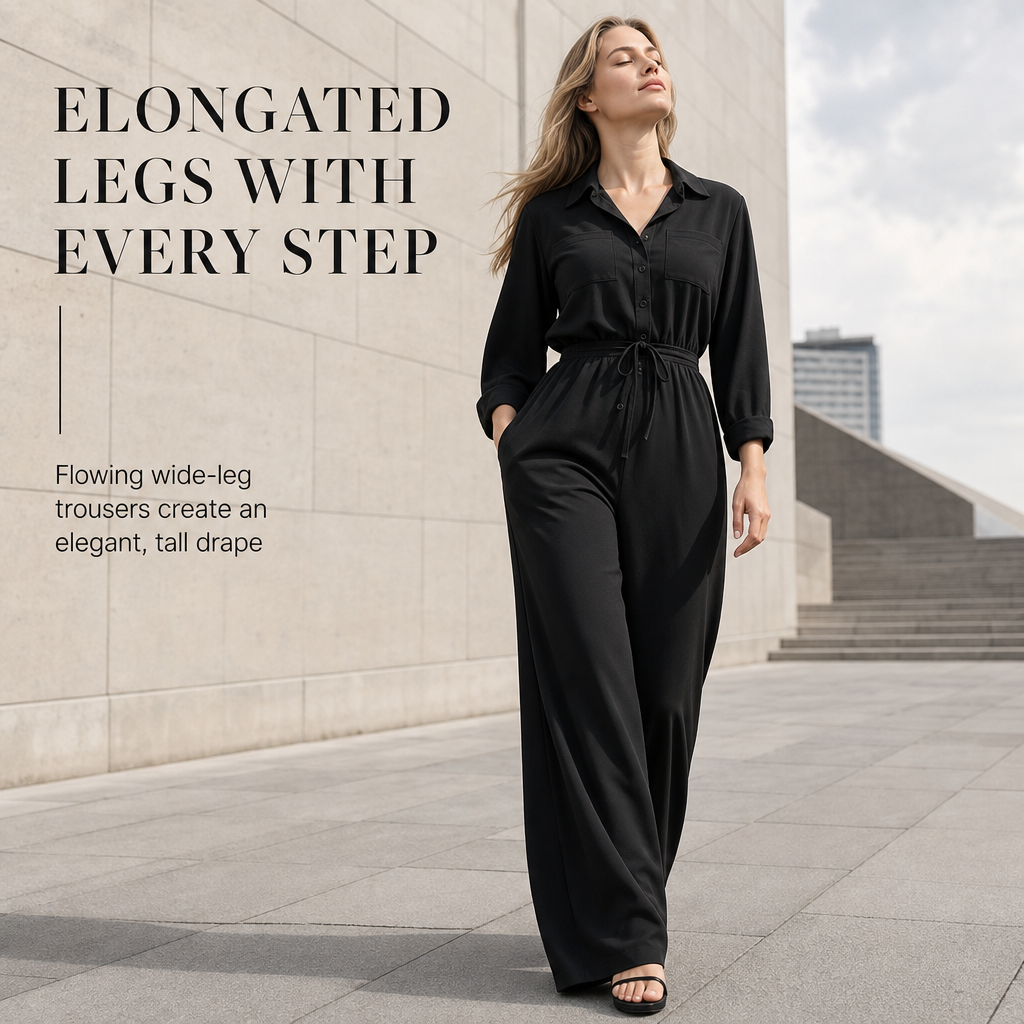 🖤Black Friday Sale:50% OFF🖤 😎Women's Solid Color Lapel Collar Shirt Style Jumpsuit with Waist Tie