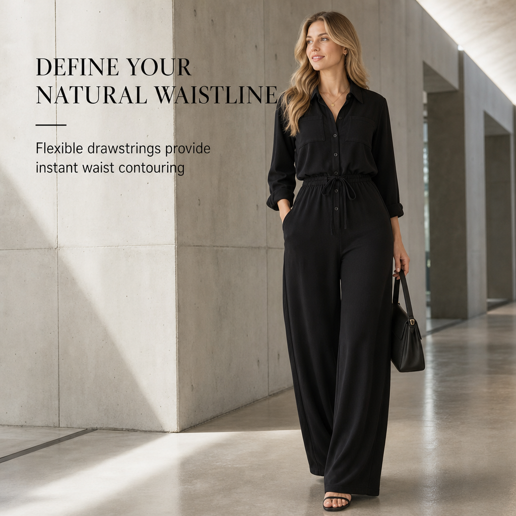 🖤Black Friday Sale:50% OFF🖤 😎Women's Solid Color Lapel Collar Shirt Style Jumpsuit with Waist Tie