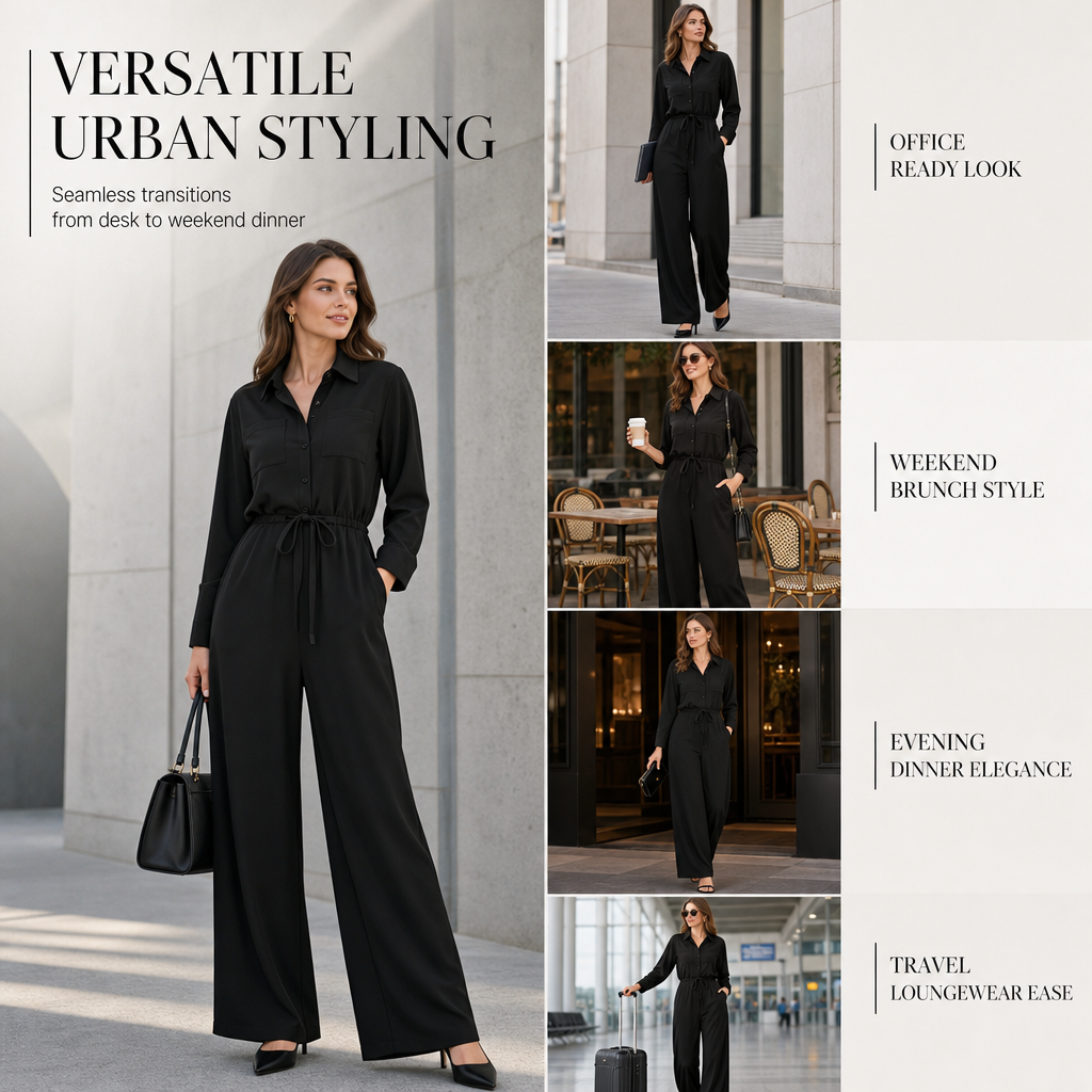 🖤Black Friday Sale:50% OFF🖤 😎Women's Solid Color Lapel Collar Shirt Style Jumpsuit with Waist Tie