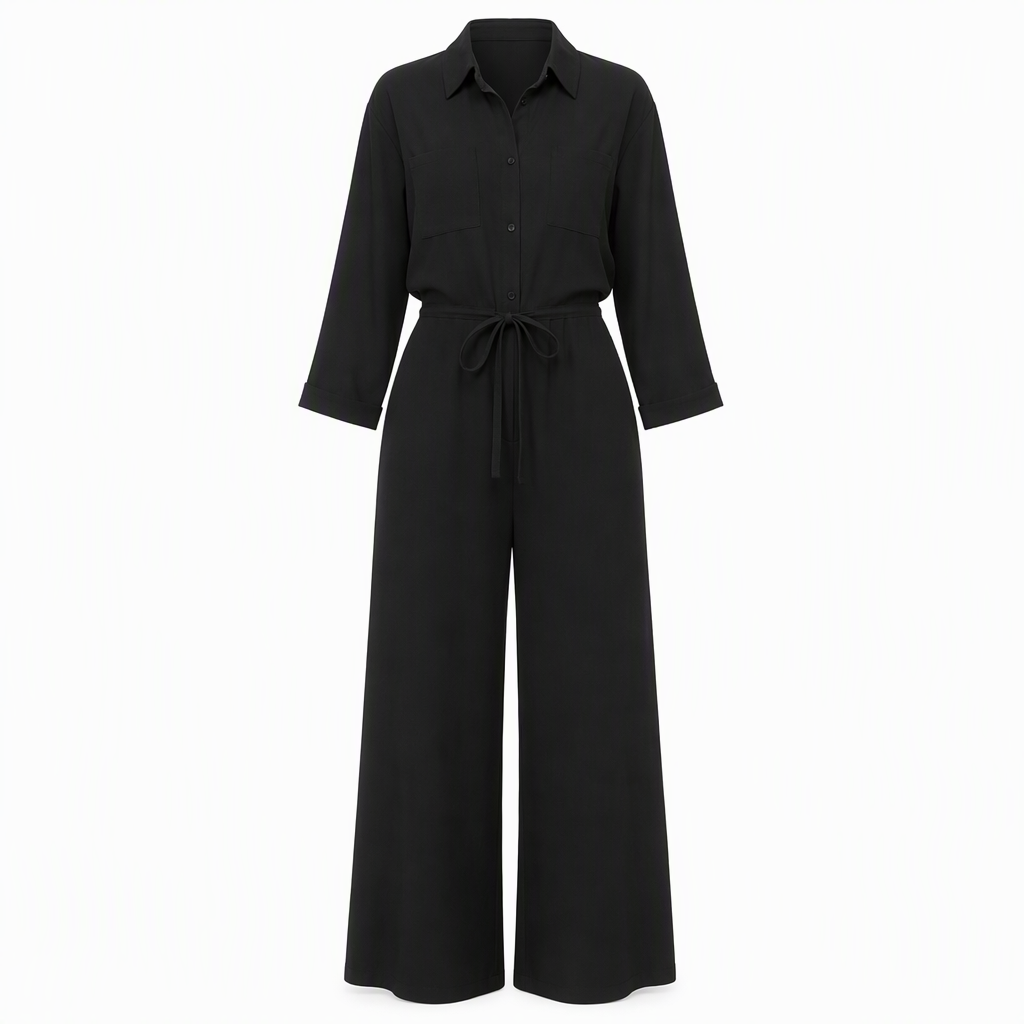 🖤Black Friday Sale:50% OFF🖤 😎Women's Solid Color Lapel Collar Shirt Style Jumpsuit with Waist Tie