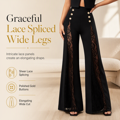 💖Black Friday Mega Deal – 50% off!💖 Women's High Waisted Lace Spliced Wide Leg Trousers with Decorative Gold Buttons