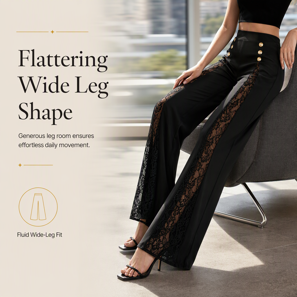 💖Black Friday Mega Deal – 50% off!💖 Women's High Waisted Lace Spliced Wide Leg Trousers with Decorative Gold Buttons