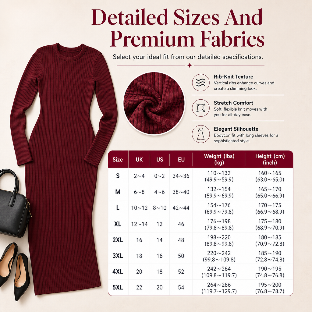 💖Black Friday Mega Deal – 50% off!💖🌹 Women's Long Sleeve Rib Knit Crewneck Bodycon Maxi Dress