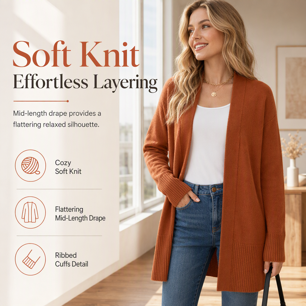 💖Black Friday Mega Deal – 50% off!💖 🌺Women's Mid-Length Open Front Knit Cardigan Sweater with Ribbed Cuffs
