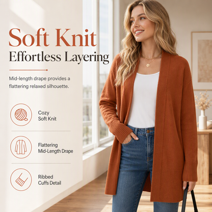 💖Black Friday Mega Deal – 50% off!💖 🌺Women's Mid-Length Open Front Knit Cardigan Sweater with Ribbed Cuffs