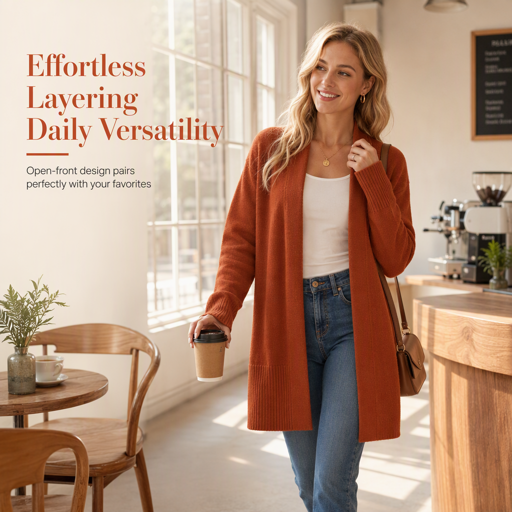 💖Black Friday Mega Deal – 50% off!💖 🌺Women's Mid-Length Open Front Knit Cardigan Sweater with Ribbed Cuffs