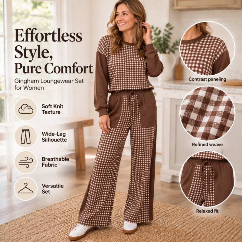 💖Black Friday Mega Deal – 50% off!💖✨Women's Gingham Long Sleeve Top & Wide-Leg Pants Set