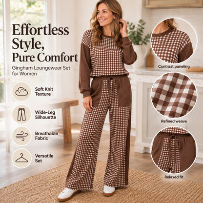 💖Black Friday Mega Deal – 50% off!💖✨Women's Gingham Long Sleeve Top & Wide-Leg Pants Set