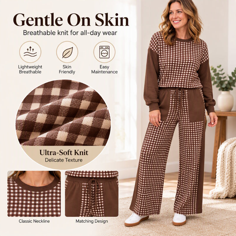 💖Black Friday Mega Deal – 50% off!💖✨Women's Gingham Long Sleeve Top & Wide-Leg Pants Set