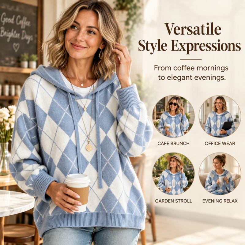 💖Black Friday Mega Deal – 50% off!💖☁️ Women's Casual Argyle Hooded Sweater