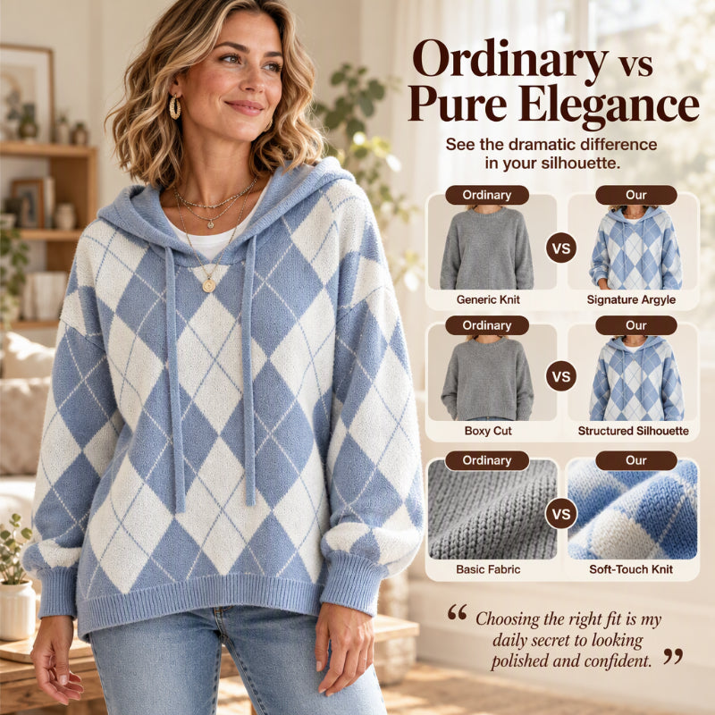 💖Black Friday Mega Deal – 50% off!💖☁️ Women's Casual Argyle Hooded Sweater