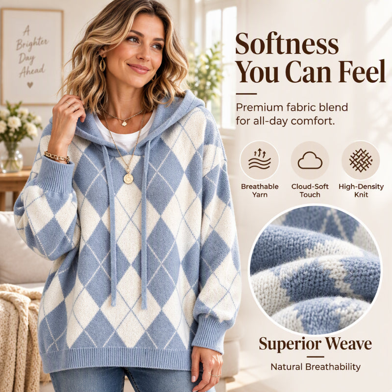 💖Black Friday Mega Deal – 50% off!💖☁️ Women's Casual Argyle Hooded Sweater