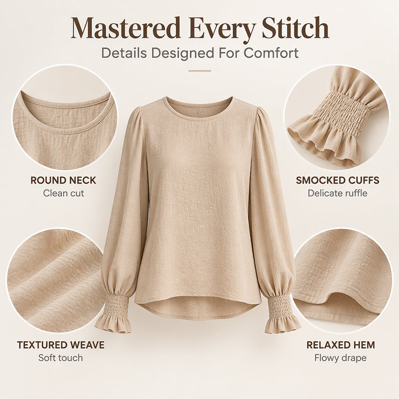 💖Black Friday Mega Deal – 50% off!💖 Women's Elegant Crewneck Smocked Cuff Top