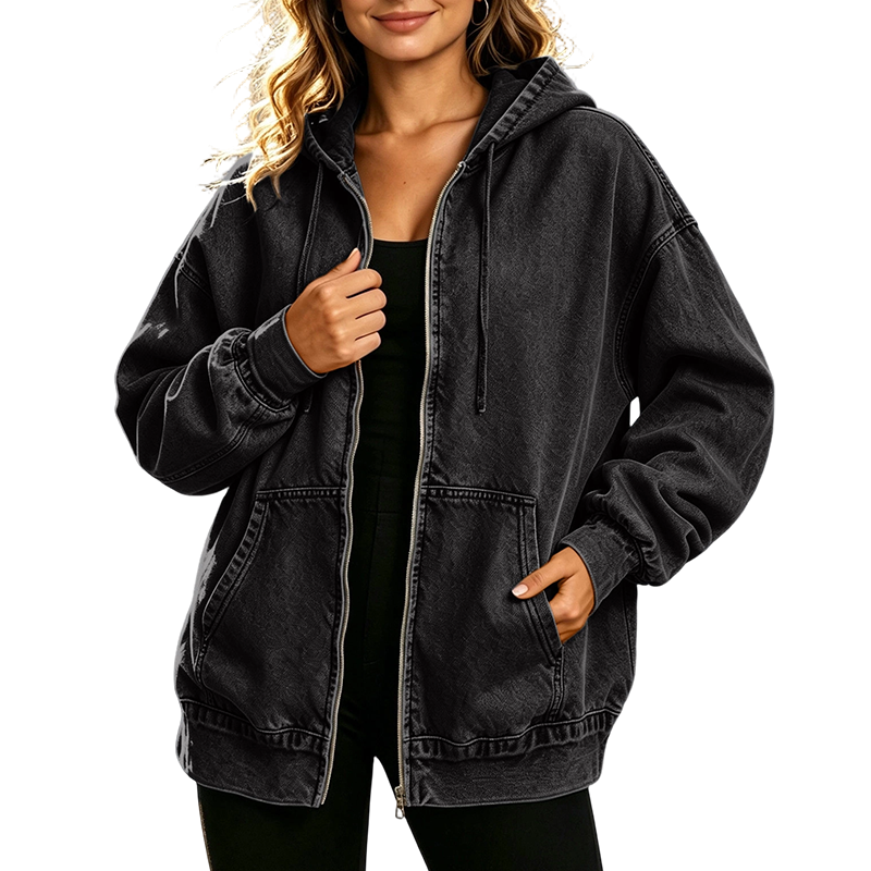 🖤Black Friday Sale:50% OFF🖤💧 Women's Loose Zip-Up Hooded Denim Jacket