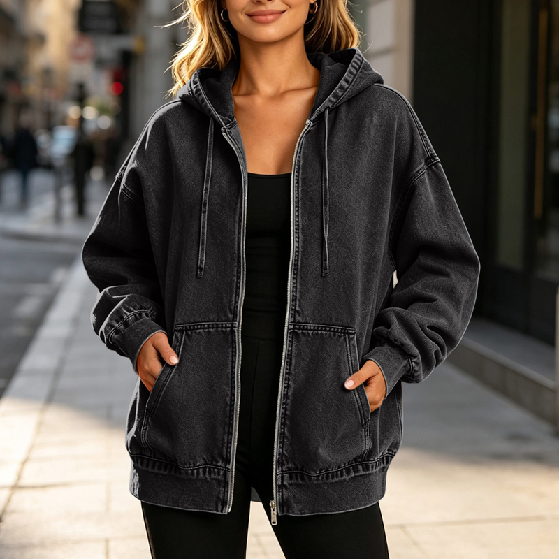 🖤Black Friday Sale:50% OFF🖤💧 Women's Loose Zip-Up Hooded Denim Jacket