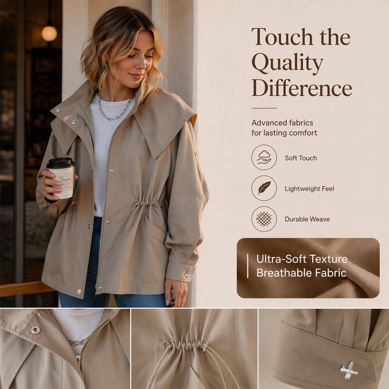 🎉✨ Women's Chic Drawstring Waist Hooded Jacket – Flattering Drawstring Waist, Cozy Hood & Relaxed Fit – Perfect for Fall, Casual Days & Everyday Style