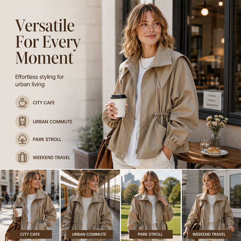 🎉✨ Women's Chic Drawstring Waist Hooded Jacket – Flattering Drawstring Waist, Cozy Hood & Relaxed Fit – Perfect for Fall, Casual Days & Everyday Style