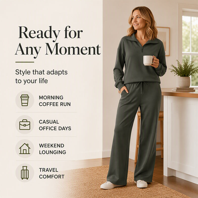 🖤Black Friday Sale:50% OFF🖤 ☁️ Women's Half-Zip Lapel Top and Wide-Leg Pants Set