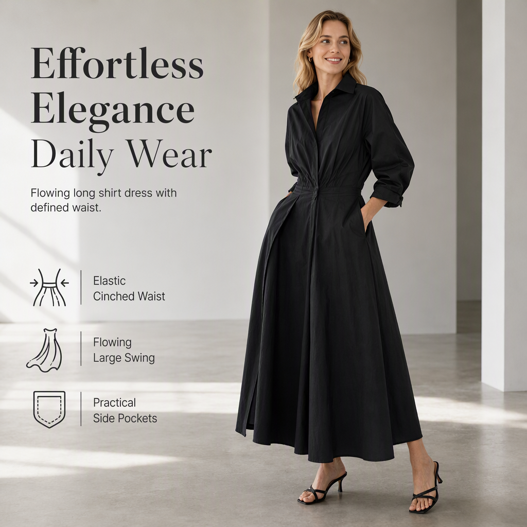 🖤Black Friday Sale:50% OFF🖤 😎 Elegant Women Cotton Linen Solid Color Shirt Dress with Turn Down Collar Elastic Waist