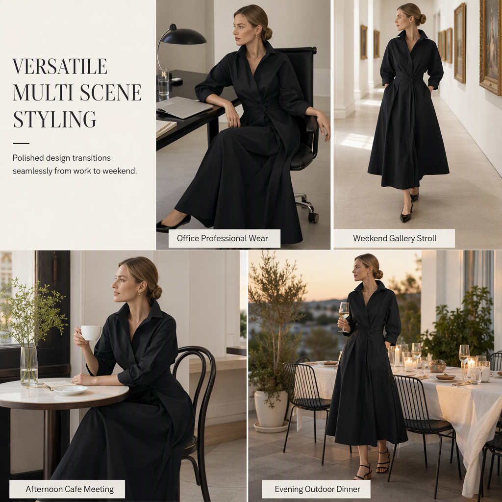 🖤Black Friday Sale:50% OFF🖤 😎 Elegant Women Cotton Linen Solid Color Shirt Dress with Turn Down Collar Elastic Waist
