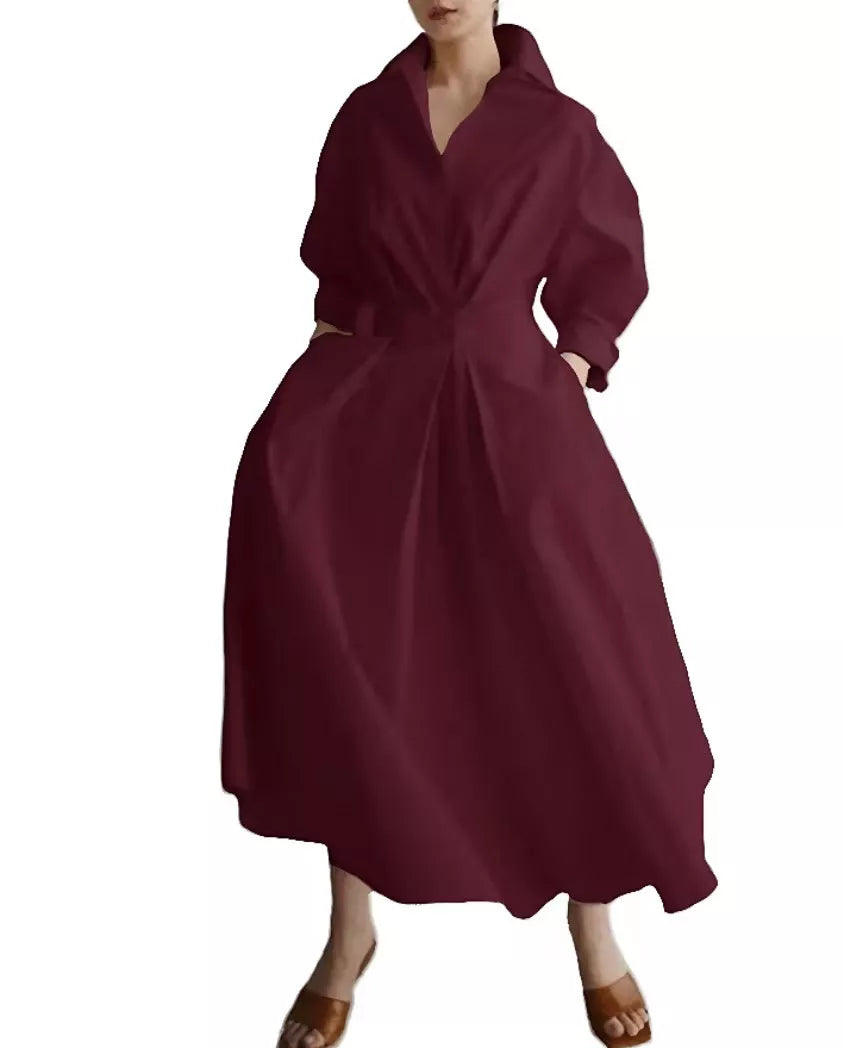 🖤Black Friday Sale:50% OFF🖤 😎 Elegant Women Cotton Linen Solid Color Shirt Dress with Turn Down Collar Elastic Waist
