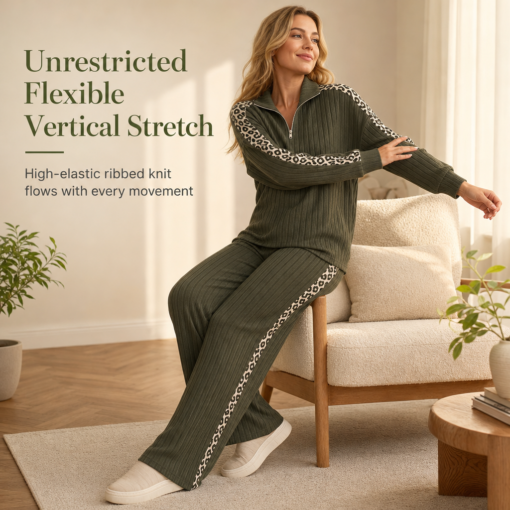 ✨Women's Ribbed Knit Two-Piece Loungewear Set with Quarter-Zip Pullover and Wide-Leg Pants Featuring Leopard Print Accent Panels🐆