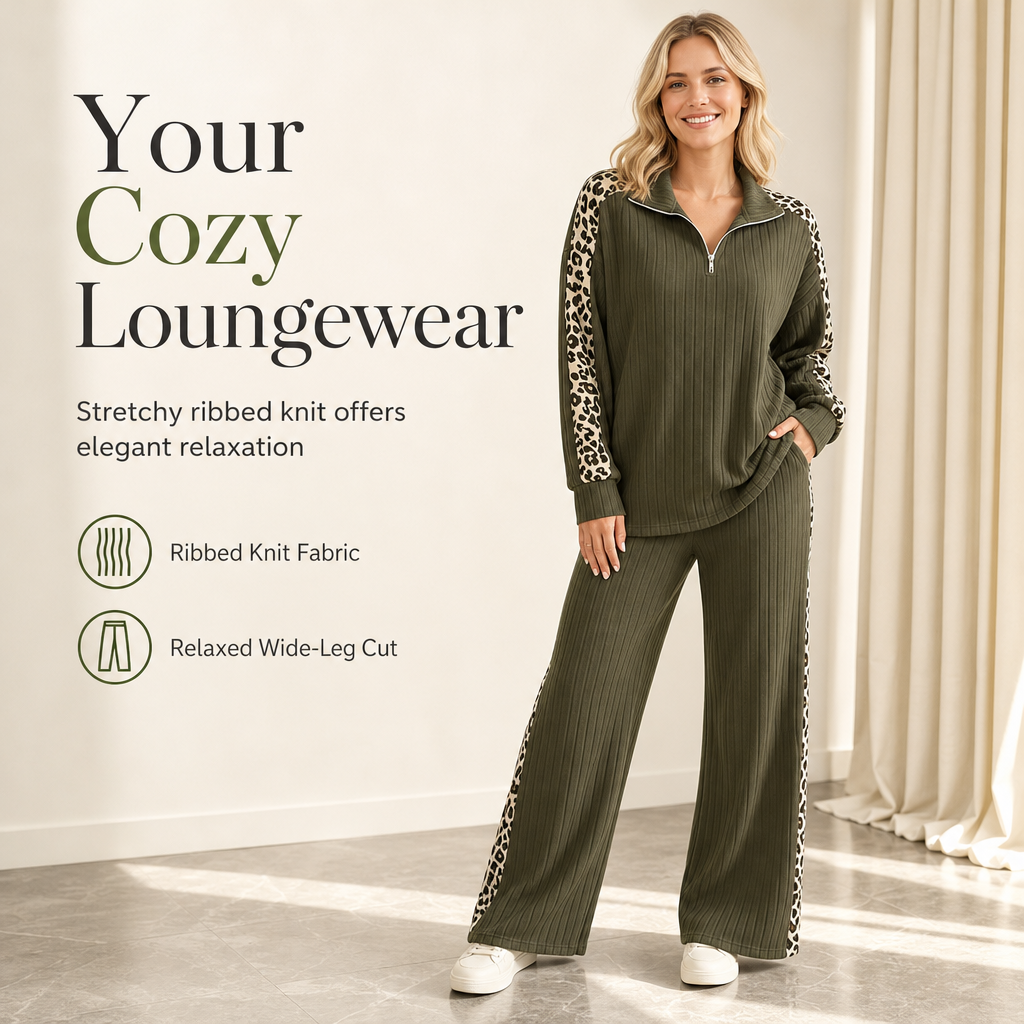 ✨Women's Ribbed Knit Two-Piece Loungewear Set with Quarter-Zip Pullover and Wide-Leg Pants Featuring Leopard Print Accent Panels🐆