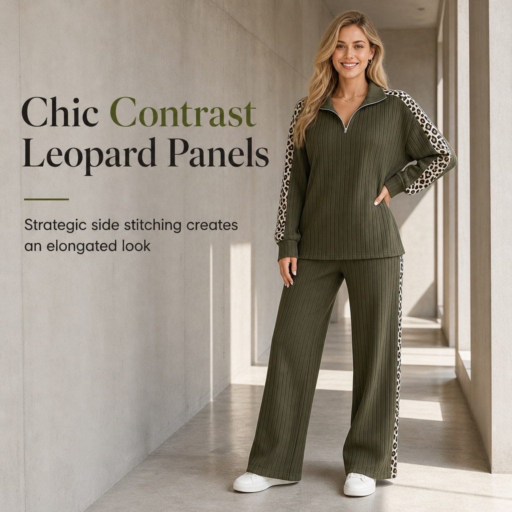 ✨Women's Ribbed Knit Two-Piece Loungewear Set with Quarter-Zip Pullover and Wide-Leg Pants Featuring Leopard Print Accent Panels🐆