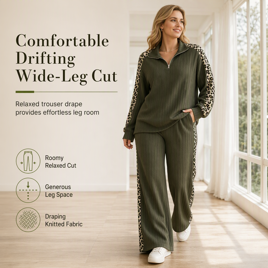 ✨Women's Ribbed Knit Two-Piece Loungewear Set with Quarter-Zip Pullover and Wide-Leg Pants Featuring Leopard Print Accent Panels🐆