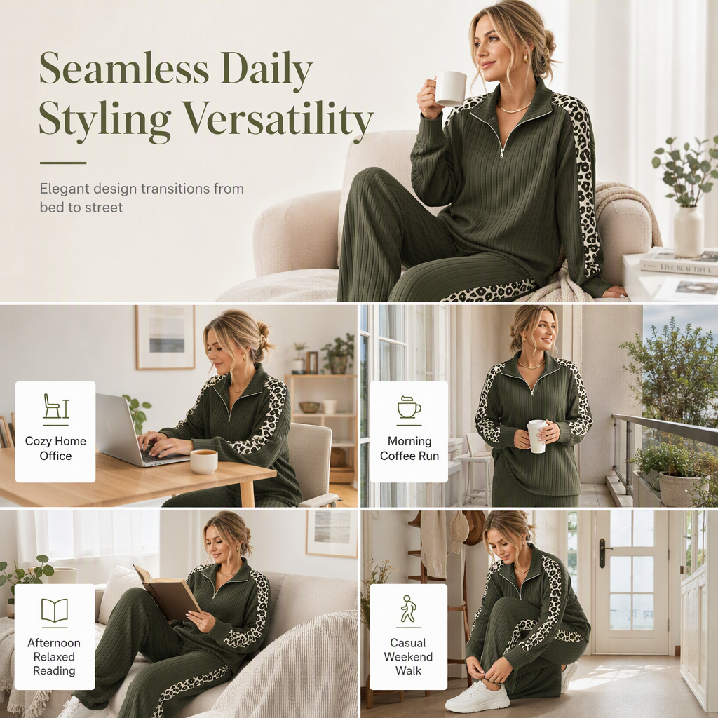 ✨Women's Ribbed Knit Two-Piece Loungewear Set with Quarter-Zip Pullover and Wide-Leg Pants Featuring Leopard Print Accent Panels🐆