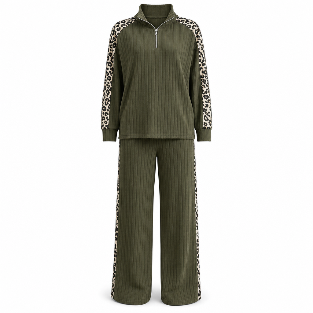 ✨Women's Ribbed Knit Two-Piece Loungewear Set with Quarter-Zip Pullover and Wide-Leg Pants Featuring Leopard Print Accent Panels🐆