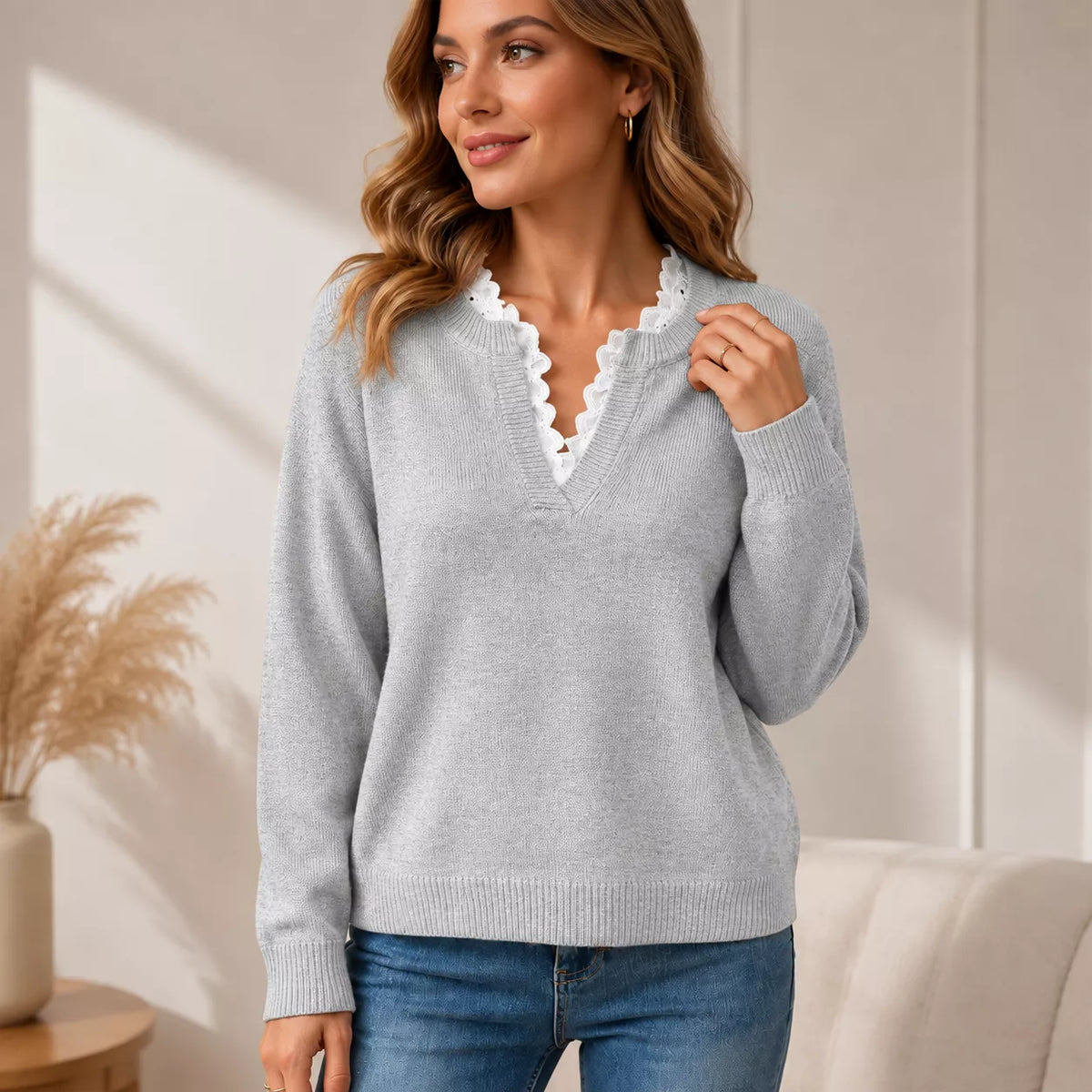 💖Black Friday Mega Deal – 50% off!💖 🍂 Women's Mock Neck Lace Trim Knit Sweater