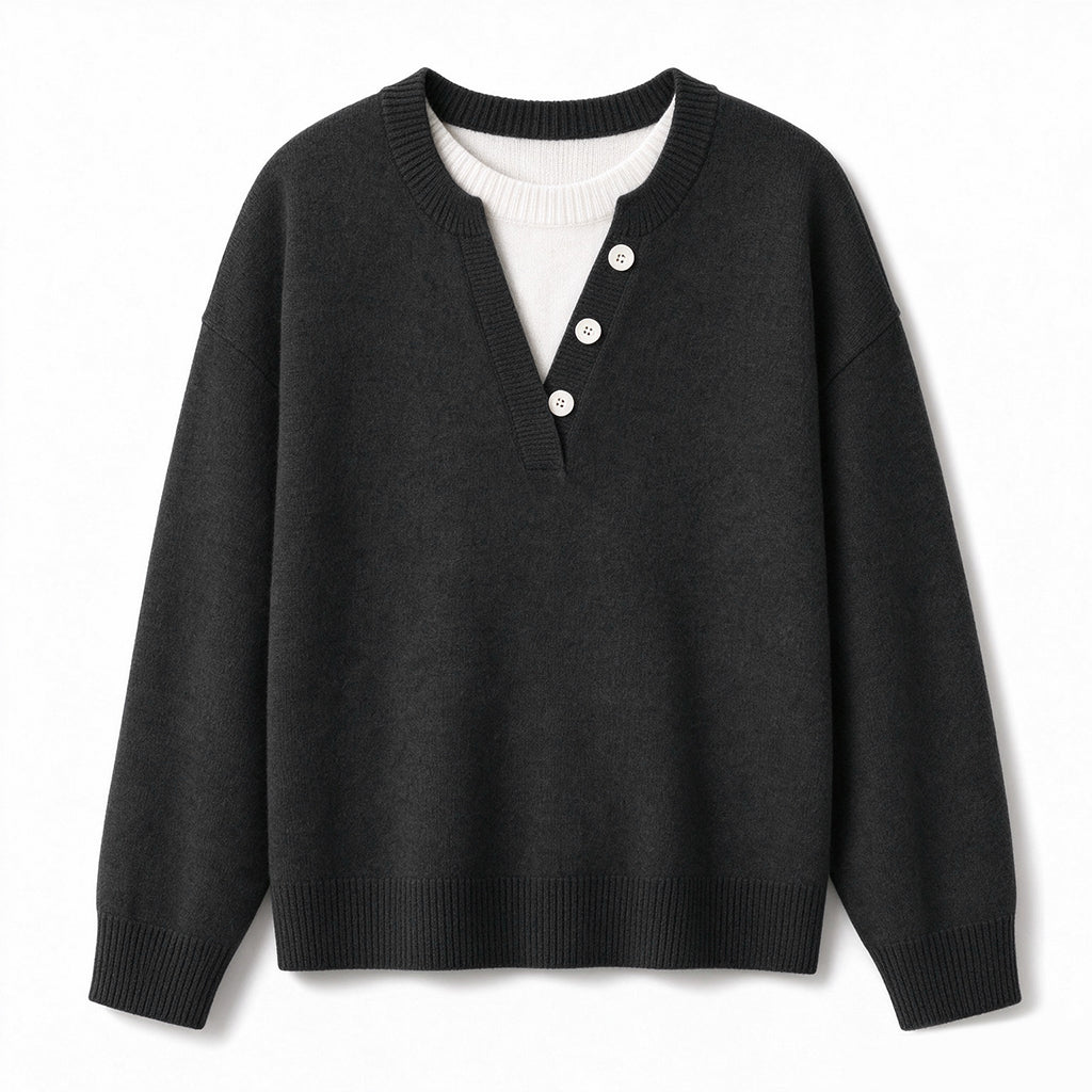 💖Black Friday Mega Deal – 50% off!💖 Casual Mock Two Piece V Neck Knit Sweater with Button Details