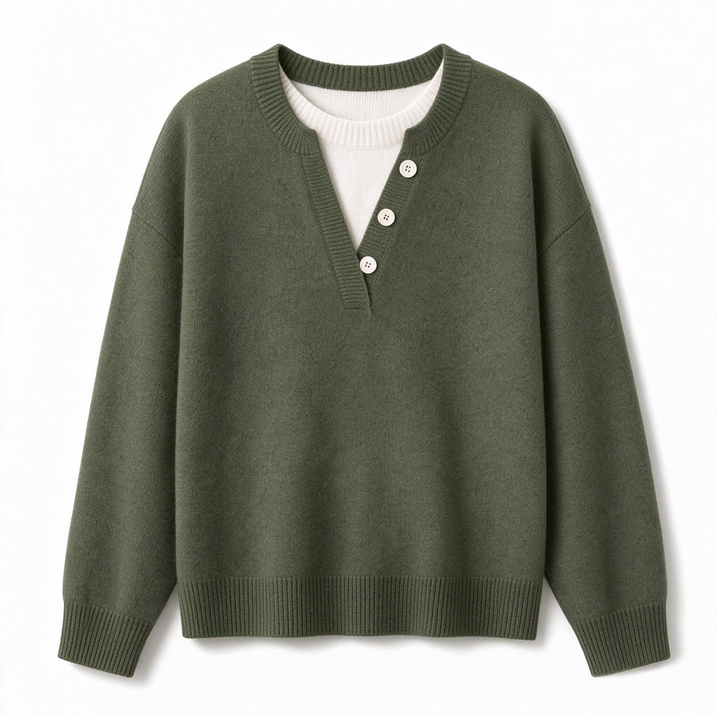 💖Black Friday Mega Deal – 50% off!💖 Casual Mock Two Piece V Neck Knit Sweater with Button Details