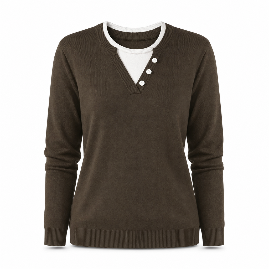 💖Black Friday Mega Deal – 50% off!💖 Casual Mock Two Piece V Neck Knit Sweater with Button Details