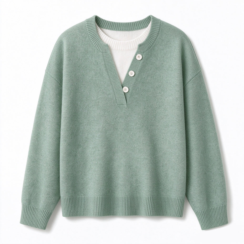 💖Black Friday Mega Deal – 50% off!💖 Casual Mock Two Piece V Neck Knit Sweater with Button Details