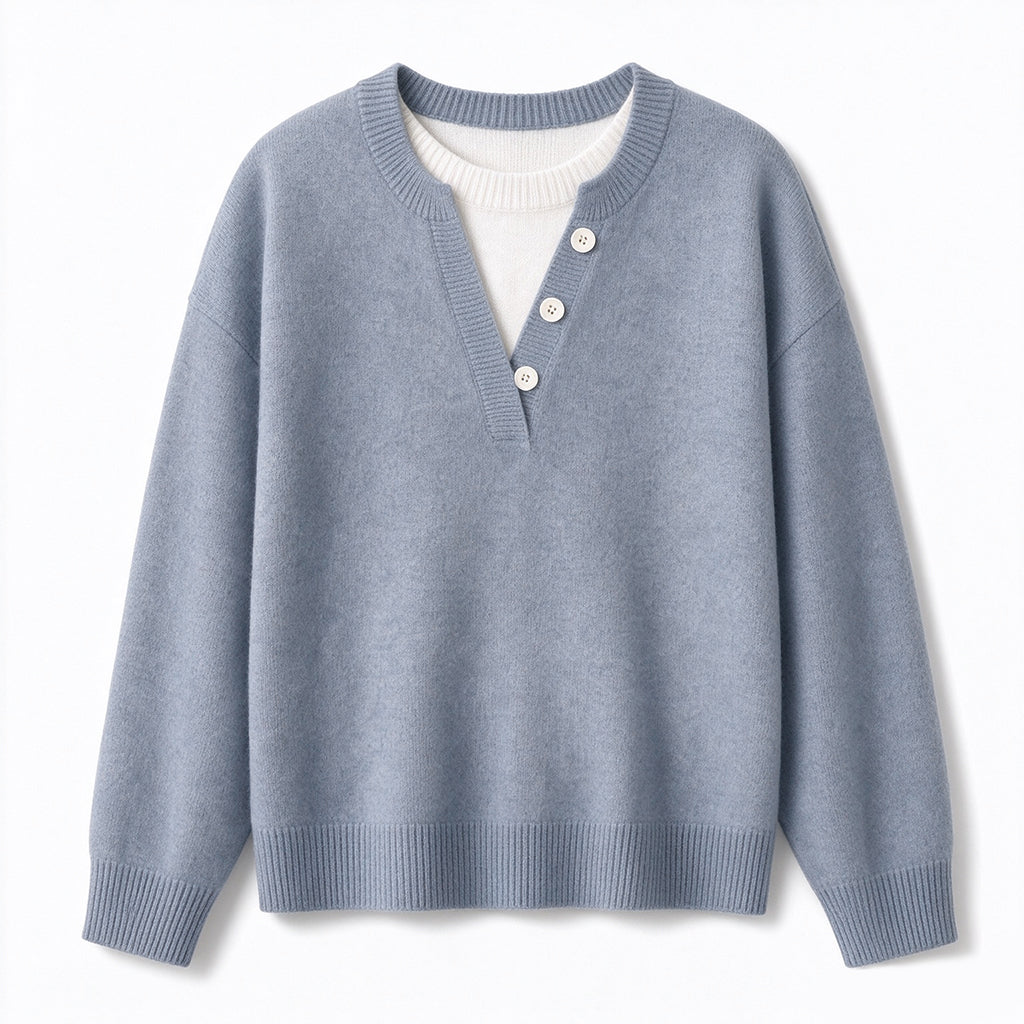 💖Black Friday Mega Deal – 50% off!💖 Casual Mock Two Piece V Neck Knit Sweater with Button Details