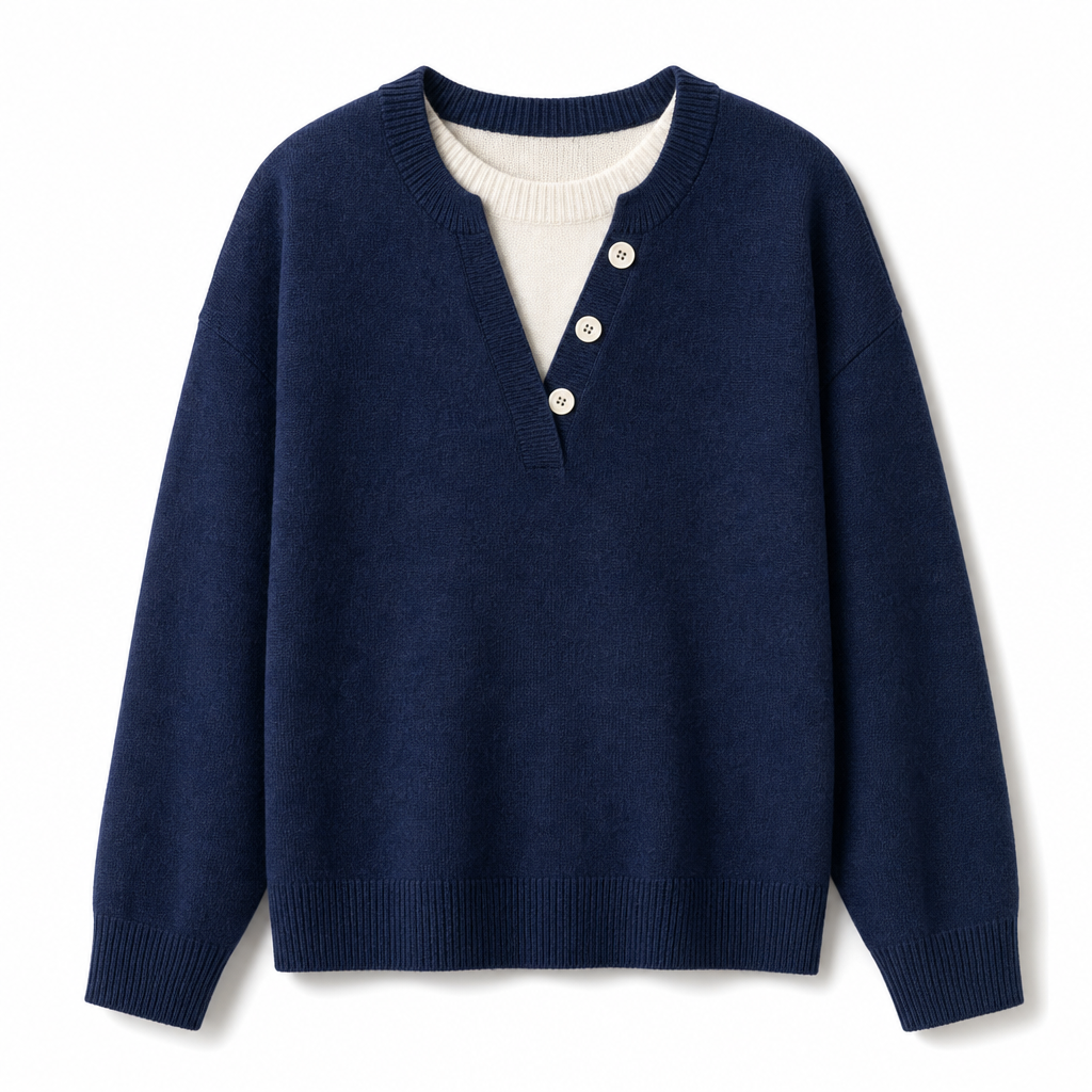 💖Black Friday Mega Deal – 50% off!💖 Casual Mock Two Piece V Neck Knit Sweater with Button Details