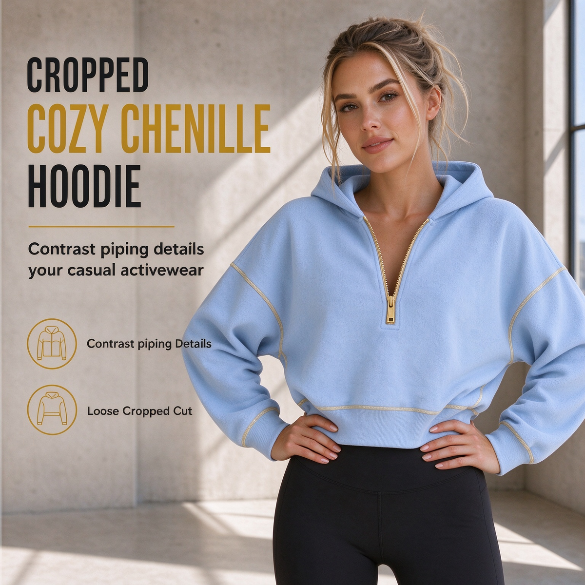 💖Black Friday Mega Deal – 50% off!💖 🌷Womens Cropped Zip Up Hoodie with Contrast Trim Long Sleeve Loose Fit Solid Color Casual Sweatshirt