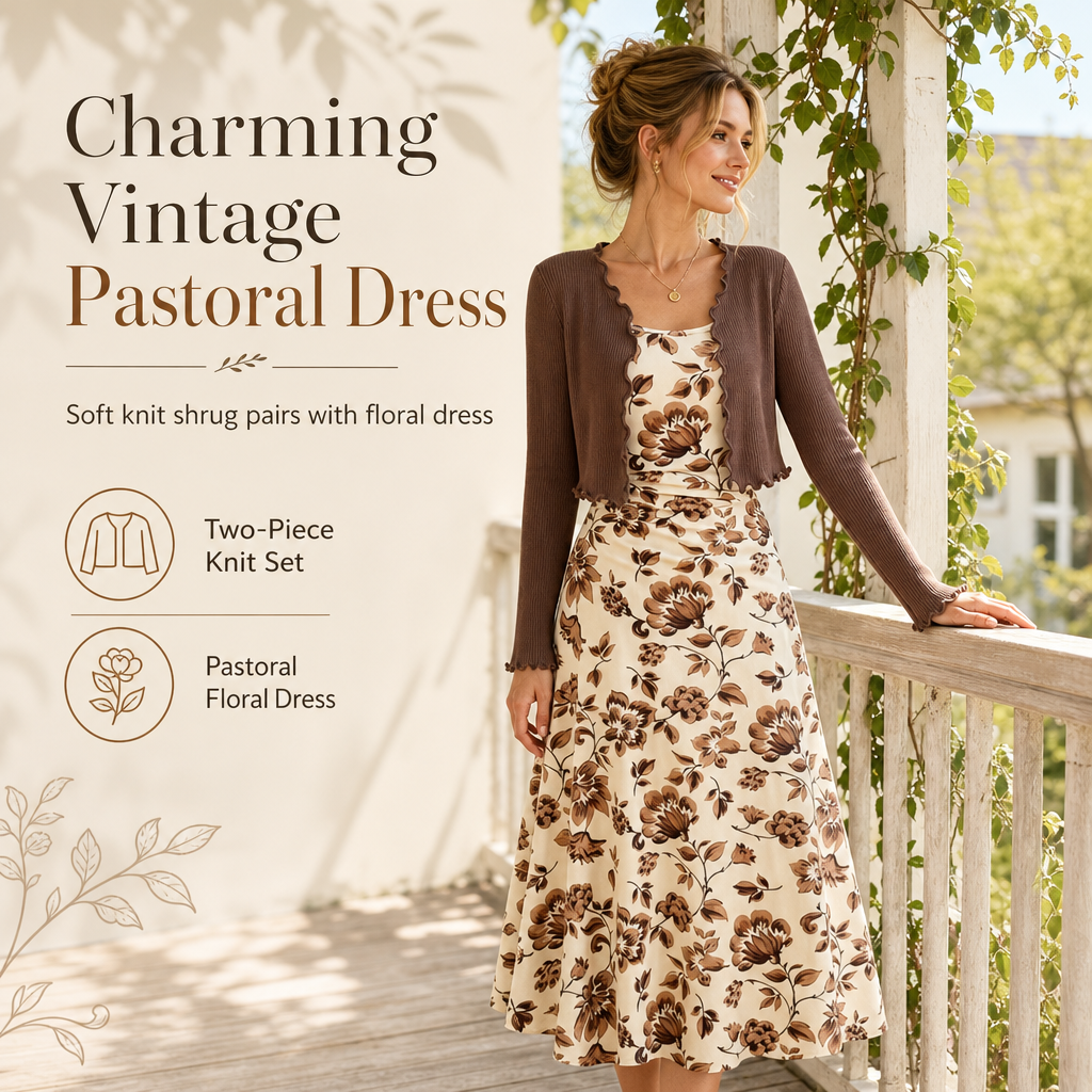 💖Black Friday Mega Deal – 50% off!💖 Women's Vintage Floral Slip Dress and Cropped Ribbed Knit Cardigan 2-Piece Set