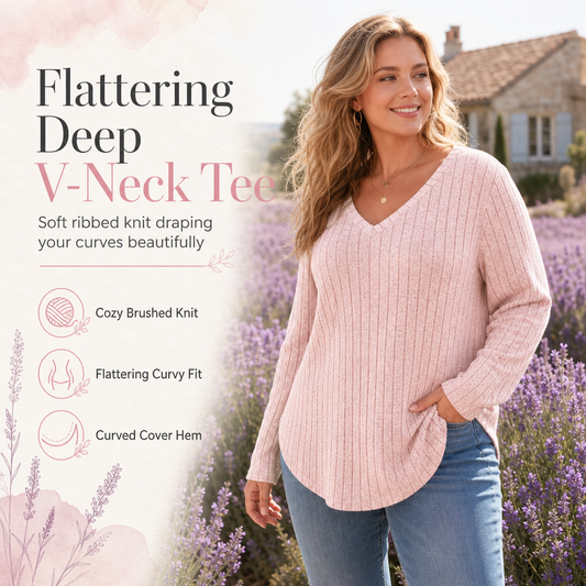 💖 Women's Plus Size V Neck Long Sleeve Ribbed Brushed T-Shirt Loose Fit Solid Color Pullover Top