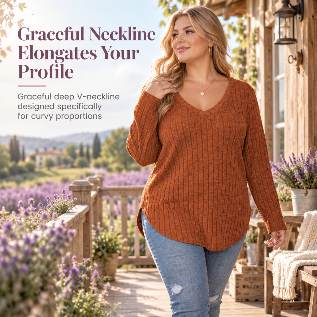 💖Black Friday Mega Deal – 50% off!💖 Women's Plus Size V Neck Long Sleeve Ribbed Brushed T-Shirt Loose Fit Solid Color Pullover Top