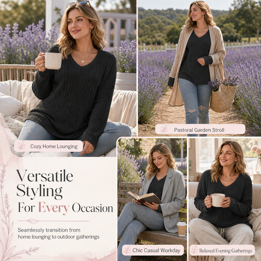 💖Black Friday Mega Deal – 50% off!💖 Women's Plus Size V Neck Long Sleeve Ribbed Brushed T-Shirt Loose Fit Solid Color Pullover Top