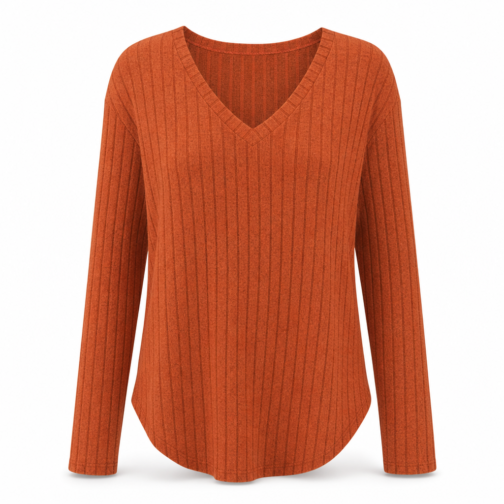 💖Black Friday Mega Deal – 50% off!💖 Women's Plus Size V Neck Long Sleeve Ribbed Brushed T-Shirt Loose Fit Solid Color Pullover Top