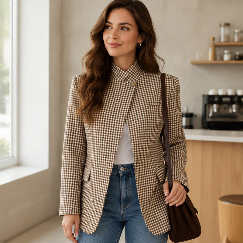 💖Black Friday Mega Deal – 50% off!💖 ☕️Women's Chic Brown Small Plaid Jacket