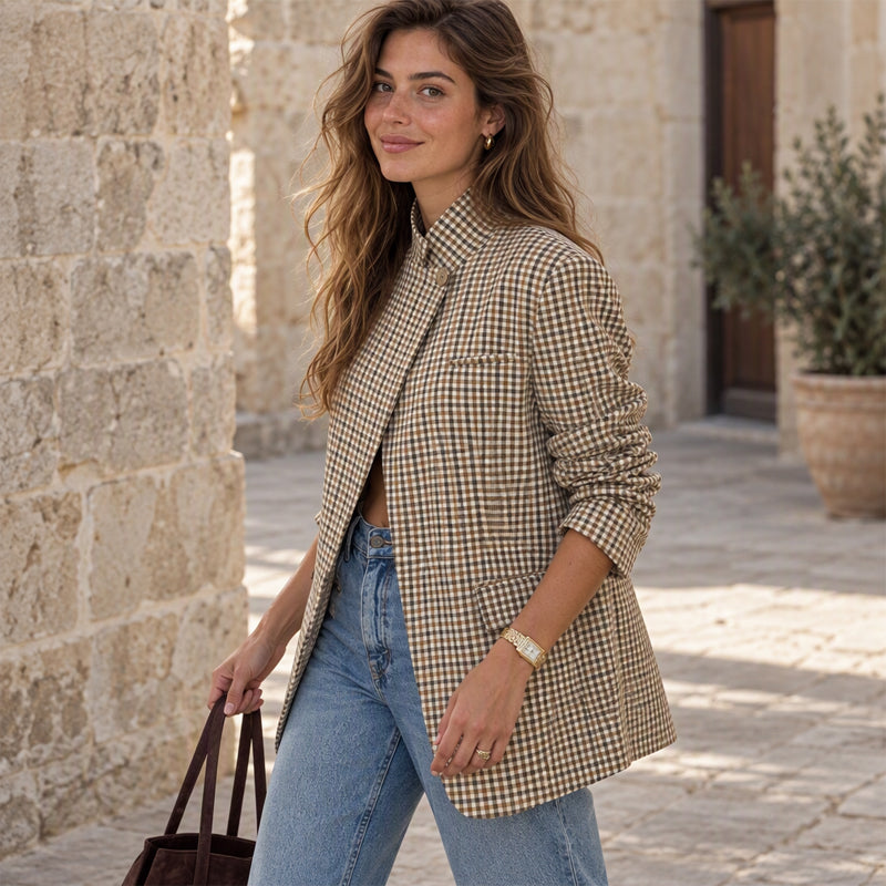 💖Black Friday Mega Deal – 50% off!💖 ☕️Women's Chic Brown Small Plaid Jacket