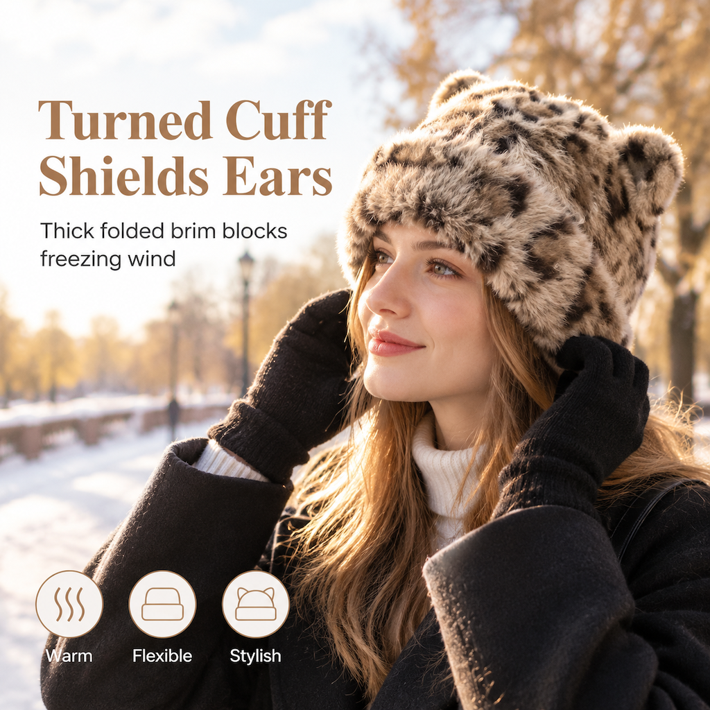 🧸 Women Fluffy Faux Mink Fur Beanie Hat with Cute Bear Ears Warm Winter Cold Weather Pullover Cap🐆
