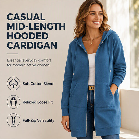 ☕Women Mid-Length Hooded Sweatshirt Jacket Casual Zip Up Cardigan Coat with Pockets☁️